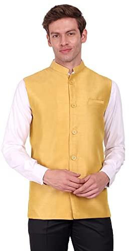 SKAVIJ Homme Indien Polyester Nehru Jacket Casual et festif Gilet (Large,Dore)