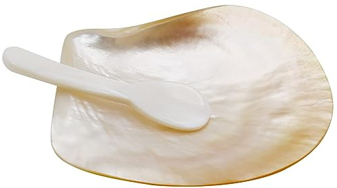 ZUDKSUY Juego de 2 platos de caviar de concha natural: plato de caviar de madre perla y cuchara de caviar para joyería de caviar, aperitivos, postres y decoraciones