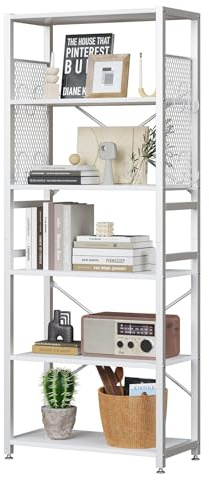 TREETALK 6 Tier Bookshelf, Standing Bookcase with 2 X-shape Strips,Metal Mesh Side Panels, 8 S-shaped Hooks, Industrial Storage Rack for Office, Living Room (White)