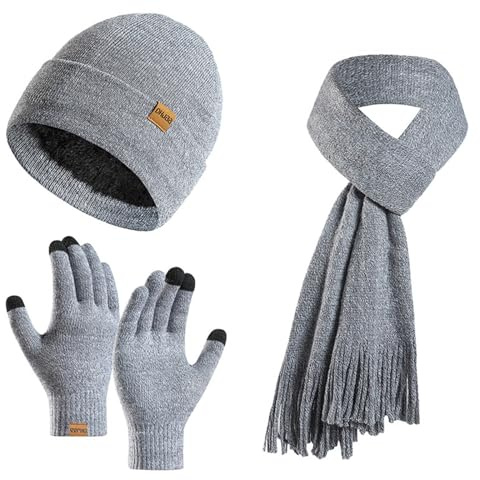 3 st vinter varm mössa halsduk handskar set för kvinnor män stickad fleece pekskärm handskar mössa hatt skidmössa, Grå, one size