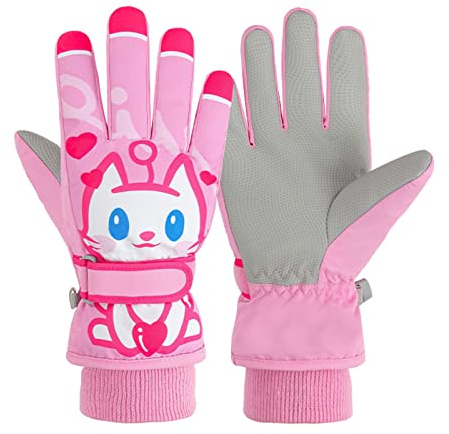 Handschuhe Kinder Winter Wasserdicht Skihandschuhe Mädchen Kätzchen-Druck Winddichte Winterhandschuhe Fahrradhandschuhe Thermohandschuhe für Skifahren Snowboard Reithandschuhe (Pink, 1-3 Years)