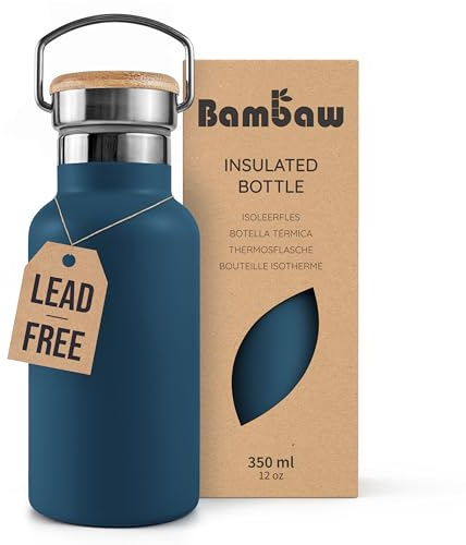 Bambaw Liten isolerad vattenflaska 350 ml, blå vattenflaska, vattenflaska i rostfritt stål, läckagesäker vattenflaska, termisk vattenflaska, vattenflaska metall, campingvattenflaska – Egeisk blå