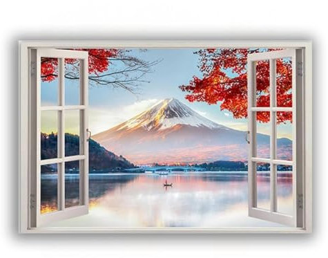 3D Fausse fenêtre Fleurs de cerisier roses sur le Mont Fuji, Japon Impression sur toile Art mural Vue de fenêtre Tableau de paysage modernes pour le salon décoration 80 x 120 cm Sans cadre