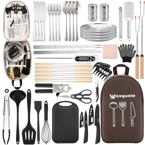 Camping Essentials Cookware Cooking Utensils Set - Portable Camp Kitchen Mess Kit Outdoor Accessories, Stainless Steel & Silicone, Camping Gear Equipment for RV Picnic Grill,Brown Pro