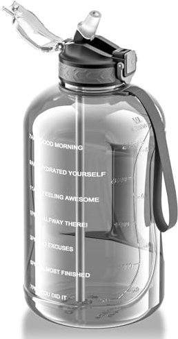 GLEKGLEK 3 Liter Trinkflasche Sport mit Strohhalm BPA Frei Zeitmarkierungen Große Wasserflasche für Gym Workout Training (Grau)