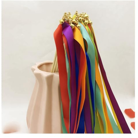 Hrlace 50 Stück Wedding Wands Hochzeit Luftschlangen mit Glocken Band Zauberstäbe Ribbon Fairy Stick Hochzeit Feenstäbe Glücksstäbe Seidenfeenstab für Hochzeiten Geburtstag Party Bunt 50 Stück