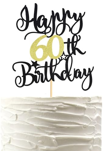 Arthsdite 1 Pc Happy 60th Birthday Cake Topper Cheers to 60 Years Birthday Cake Pick 60 Fabulous Cake Decoration for Happy 60th Birthday Anniversary Party Cake Decorations - Black Gold Glitter