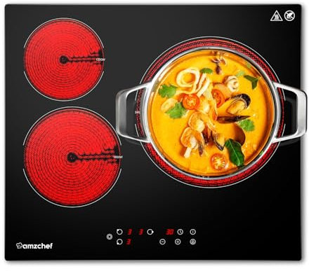AMZCHEF plaque vitrocéramique 3 feux, plaque de cuisson 3 plaques 5400W avec 9 niveaux, grande surface de 2400W, arrêt automatique, minuterie, verrouillage de sécurité,Noir