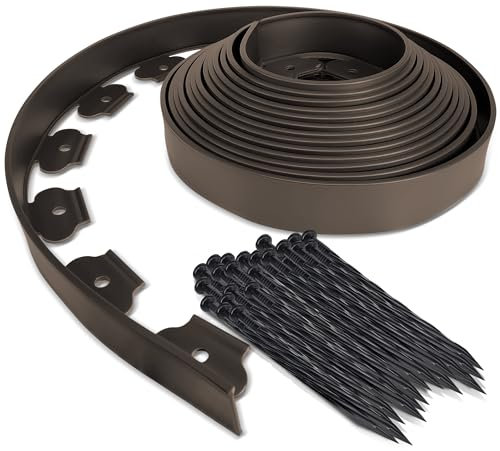 VOUNOT Plastic Lawn Edging Border with 30 Ground Anchors, 10m Flexible Garden Edging Strip for Grass, Paths, Gravel or Flower Beds, Weatherproof Landscape Border, 5cm High, Dark Brown