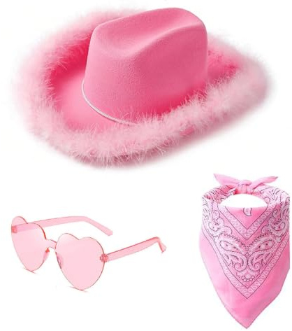 AYNKH Cowboyhut Cowgirl Herz Sonnenbrille Bandana Schal Set für Frauen Mädchen Filz Flauschige Feder Trim Hut Breite Krempe Verkleidung für Halloween Geburtstag Kostüm Party Karneval Musik Festival