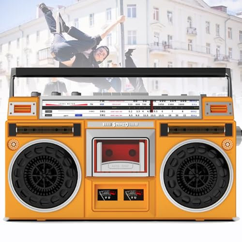 Lecteur de cassettes portable, lecteur de cassettes CD, Boombox Bluetooth rétro des années 80, avec radio AM/FM, prise en charge de l'entrée SD/USB, pour famille, les voyages, la danse de rue,Yellow