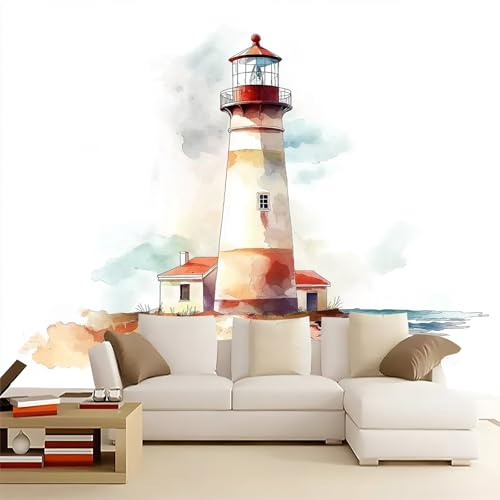 Papier Peint Panoramique Phare Aquarelle Marron Blanc 300 x 210 cm - Photo Murale Poster Géant pour Salon - Décoration Murale Intissé Moderne - Ambiance Marine et Côtière Style Rétro Élégant