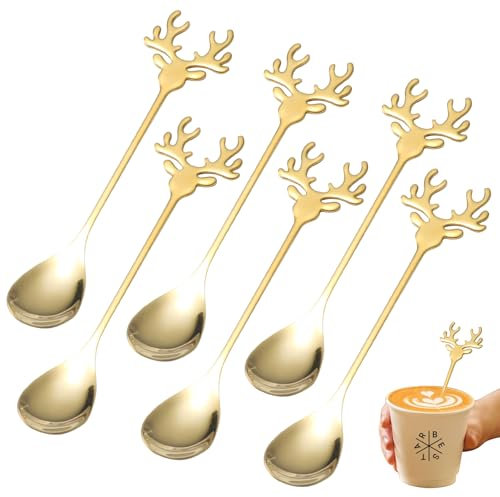 Lot de 6 cuillères à élan, cuillères en acier inoxydable, thé au lait, café, cuillères à sucre pour café, cuillère à glace, ensemble de cuillères à café créatives en acier inoxydable (doré)