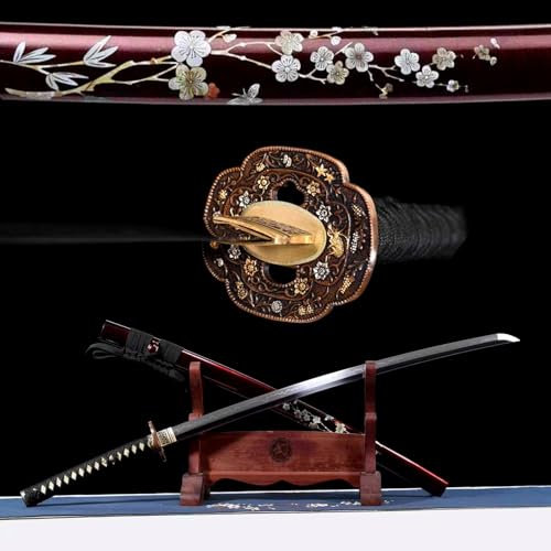 103cm handgefertigtes Katana,Klinge aus T10-Stahl und Schutzbügel aus reinem Kupfer,Scheide aus massivem Holz mit bemalten Mustern,echtes Samurai Schwert für Maskeraden,Heimdekoration,Ausstellung