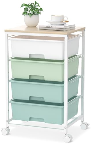 SYKIARIOL Carro con ruedas de 4 cajones y tablero madera, verde