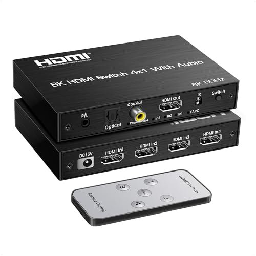 NEWCARE HDMI Switch 4 in 1 Out with Audio, 8k@60Hz HDMI 2.1 Switch 4 in 1 Out mit Remote, HDMI Audio Extractor Splitter, HDMI ARC Audio Extraktor zu SPDIF, Koaxial, L/R, 3.5mm für PS5 Xbox Fire Stick
