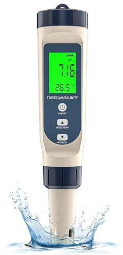 Forever Speed pH Wert Messgerät 5 in 1 pH/EC/TDS/Salzgehalt/Temperatur Hohe Präzision Digitales pH Messgerät Wasser TDS Messgerät EC Messgerät Grow für Pool, Trinkwasser, Aquarien, SPA, Hydroponik