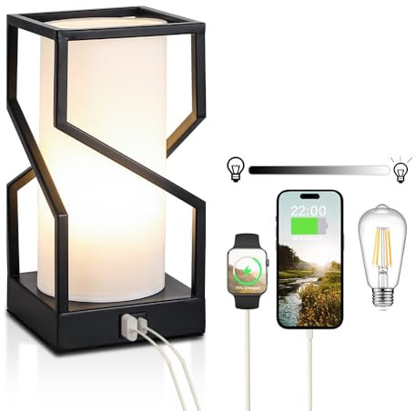 ELINKUME Schwarze Nachttischlampe Touch mit 3-Stufen Dimmbar,Tischlampe mit Stoff Lampenschirm für USB und Typ-C Port Aufladung,11INCH Schreibtischlampe für Home Office,Praktische Schreibtischlampen
