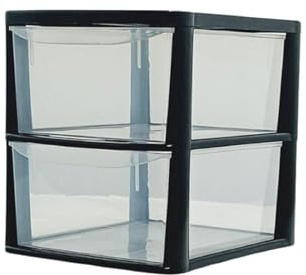 KYY'Z Plastic Desktop Organizer- Medium 2,3,4,5 A4 Drawer Home Garage School Office Stationery Supplies Storage Drawers Makeup Jewelry Container Black/Silver-Clear (Black-Clear, 2 Tier)