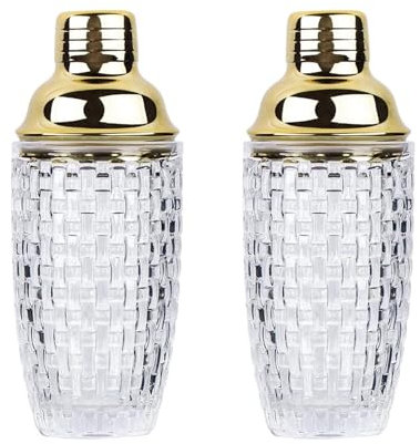 Juego de coctelera de vidrio de 13 onzas con tapa a prueba de fugas, taza de mezcla transparente para camareros, colador de metal dorado, reutilizable para martinis y cócteles sin alcohol