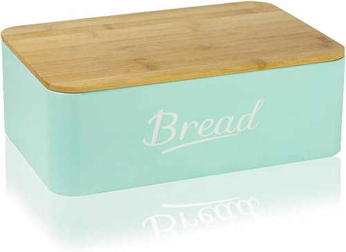 Riyashop Panera con tapa de bambú, para guardar el pan, con tabla de cortar, panera, tapa de metal/bambú, aprox. 35 x 12,5 x 23 cm, estilo rústico, color turquesa