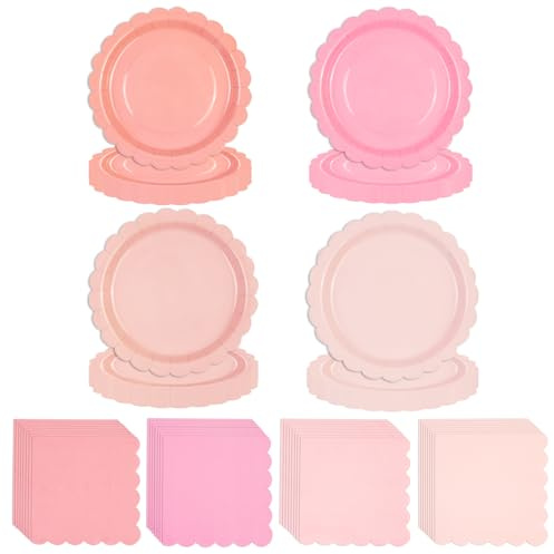 HFBOBP 96 Stück Rosa Servietten und Pappteller,gewellter Rand Farbverlauf Cocktailservietten und Dessertteller für Taufe Geburtstage Hochzeit Brautparty Dinner Party Tischdeko