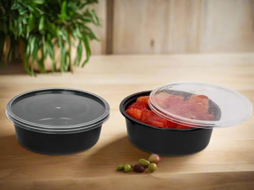 HOT BARGAINS 200 X 300ml Heavy Duty Round Food Containers with Lids – Black, BPA Free, Microwave & Freezer Safe, Leak-Proof Takeaway Storage (200, 300ml)