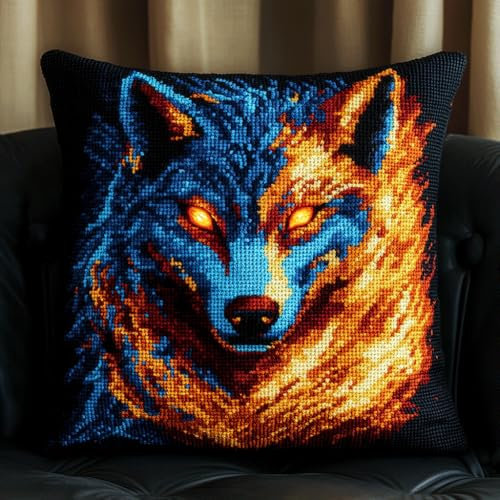 Kitquiver Tier Diy Knüpfkissen Set Fantasiewolf Diy-Knüpfhäkel-Sets,Kissenbezug,Stickerei,Stricken,Geschenk Für Erwachsene/Anfänger 17x17in