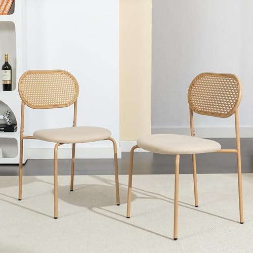 EZSSW Set mit 2 Esszimmerstühlen aus Rattan mit Rückenlehne aus natürlichem Rattan und verstellbaren Beinen, Farbe Naturholz (natürliches Holz, 2 Stück)