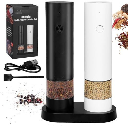 Electric Salt and Pepper Grinder Set - USB Rechargeable Electric Pepper Grinder Mills with Storage Base, Adjustable Coarseness Spice Grinder Set Washable Container for Kitchen, Picnic, BBQ