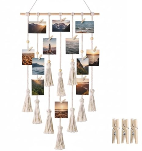 Foto Hängendes Makramee, Wandbehang mit 30 Holzclips, Böhmischer Fotowand Decoration Collage Fotovorhang Wandteppich Boho Deko für Wohnkultur, Schlafzimmer, Home, Balkon, Hochzeitsdeko (108x43 cm)