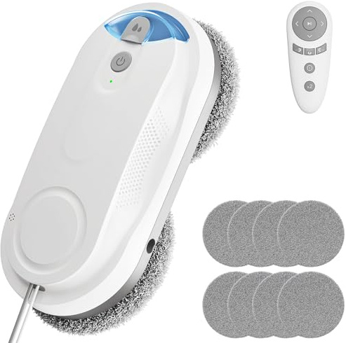 KKI Window Cleaning Robot, Auto Window Cleaner Robot, Dual Spray, Max 3200Pa, AI Path Planning & Edge Detection, Remote Control for High-Rise Windows, Glass Door,5Pairs Cloths, X3 (White)