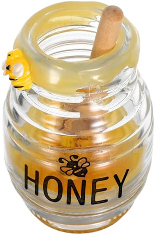 LIFKOME Bee Decorations Honey Jar Decoration with Wooden Honeycomb Dippers, Glass Beehive Honey Pot Tabletop Decor for Party Scenes and Home Decor