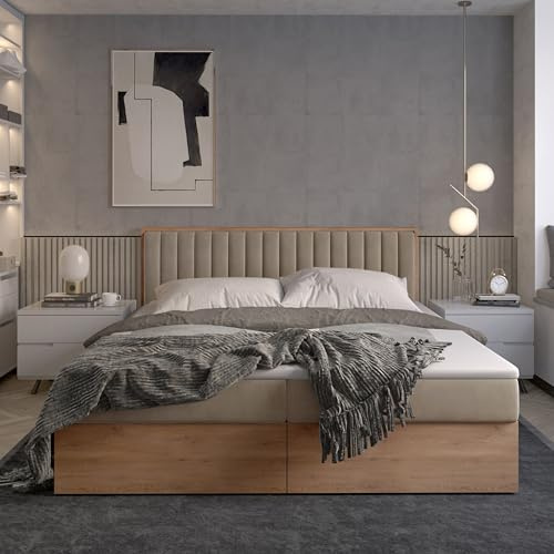 Imebel Polsterbett 180x200 mit Stauraum Bett Holz Komplett Bett mit Pocket Matratze Boxspringbett Schlafzimmer Stauraumbett Holzbett Doppelbett mit Bettkasten