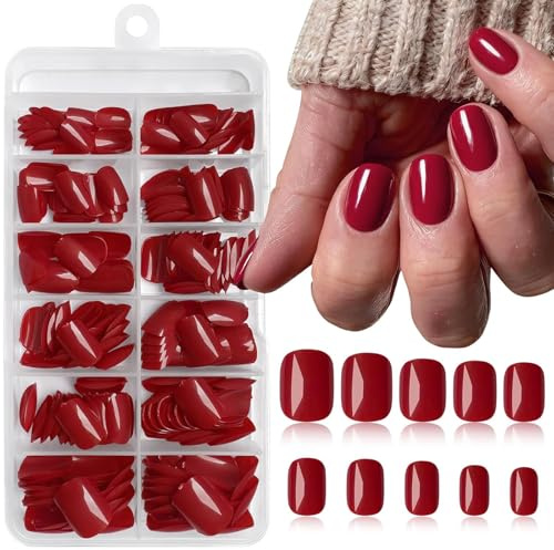 TESGADGETS 240 Stück rote quadratische Press-on-Nägel kurze künstliche Nägel quadratisch vollständige Abdeckung künstliche Fingernägel Acryl-Pressnägel mit Klebelaschen