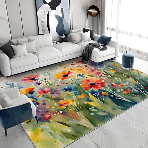 buyluhn Waschbarer Kurzflor-Teppich 140x200, Blumig Bunt Teppich, Ölgemälde Dünn Saugfähig Für Wohnzimmer Schlafzimmer Jugendzimmer Jungen Mädchen Oder Als Bettvorleger QT14