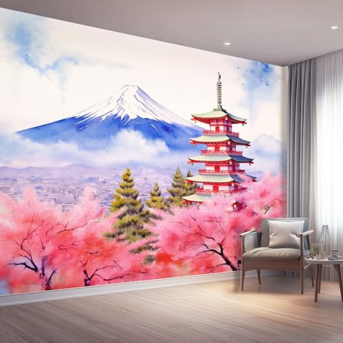 Carta da parati artistica 3D in tessuto non tessuto Acquerello Monte Fuji Fiori Di Ciliegio 200 x 140 cm Carta da parati decorazione murale per soggiorno e camera da letto, Rosa