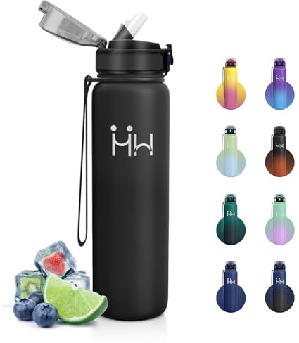 JAPORIA Borraccia Termica 1 Litro con Cannuccia, Borraccia Acciaio Inox senza BPA, a Doppia Parete, Bottiglia Acqua a Prova di Perdite,Thermos per Campeggio, Palestra, Gimnasio, Sport
