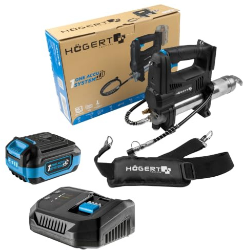 Högert Technik Engrasadora a Batería 18V OneAccuSystem, 680 Bar, 280 g/min, Pistola de engrase con LED, válvula de Purga de Aire, Correa para Hombro, para Taller, Set mit Akku 4Ah + Ladegerät 4A