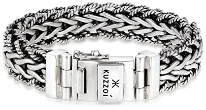 Kuzzoi handgefertigtes Silber Panzer-Armband aus massiven 925er Sterling Silber oxidiert mit Kastenverschluss und Logo Gravur, 15mm breit, 95g schwer, Länge 19 cm