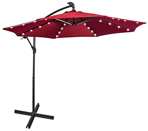 Mondeer Parasol Déporté avec Manivelle, avec 32 LED Lampe Solaire, Ø 300 cm x H 245 cm, 8 Baleines en Acier Étanche Protection UV 50+ pour Balcon Plage Jardin, 6 Niveaux Solidité des Couleurs (Rouge)
