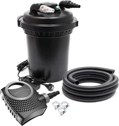 SunSun Komplettset: CPF-380 Teichdruckfilter bis 12000 L mit 11 Watt UV-C Teichklärer, NEO3800 SuperEco Teichpumpe 3600l/h 20W, 5m Teichschlauch 38 mm (1 1/2), Schlauchschellen W1 44-47mm