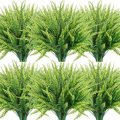 ZEOSTARO 12 Bundles Artificial Plants, Fake Boston Fern Greenery Outdoor UV Resistant No Fade Faux Plastic Plants Garden Porch Window Box Decorating…