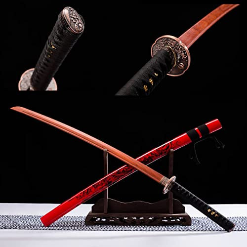 103cm Natürliche Mahagoni Samurai Schwerter,Handgefertigtes Holz Katana mit Massivholz Bemalte Musterscheide,Iaido Bokken für Kendo Training,Cosplay,Wohnkultur