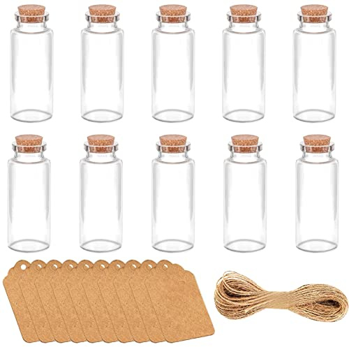 BEHAHAI 10 mini botellas de vidrio de 20 ml con corcho, frascos vacíos de hechizos pequeños, botellas de recuerdo de boda con etiquetas y botella de deseos de cuerda para manualidades, proyectos de