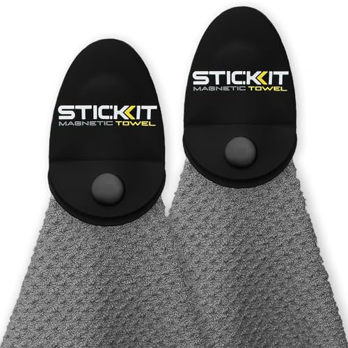 STICKIT Magnetisches Golf-Handtuch, grau, 2er-Pack, obere Ebene, Mikrofaser-Golf-Handtuch mit tiefen Waffeltaschen, industrieller Magnet für starken Halt auf Golfwagen oder Schlägern
