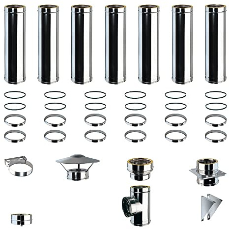 Kit Fumi Diametro 130 con Doppia Parete in Acciaio Inox DW25, Altezza 8,03m, Kit Stufa a Pellet, Canna Fumaria Coibentata Doppia Parete con Lana Di Roccia 130 | Brico Kit