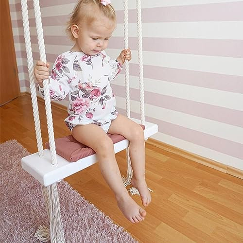 Holzschaukel Kinderschaukel Kinder Schaukelsitz Einstellbares Seil Schaukel Outdoor Indoor Swing mit Schwammkissen, 5M Hanfseil und Montageset für Decken- oder Türrahmenmontage, bis 50 kg