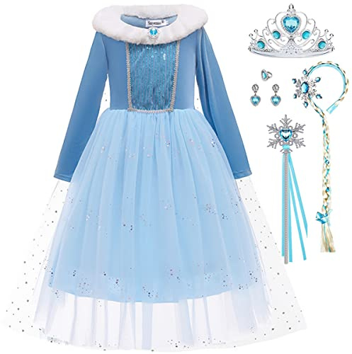 Snyemio Princesse Robe Reine des Neiges Costume Elsa Déguisement pour Filles Enfant Halloween Noël Carnaval Bleu, 4-5 Ans