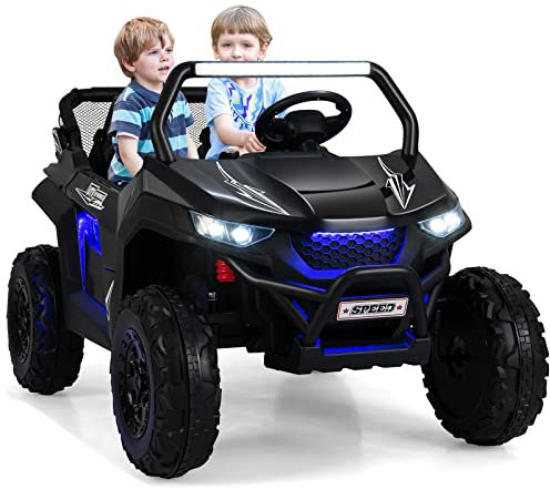 GYMAX Kids Electric UTV, 2-Seater 12V Battery Powered Toy Car with Remote Control, Lights, Bluetooth, MP3, USB, FM, High/Low Speed & Suspension Spring, Children Ride on Car for 3-8 Years Old (Black)